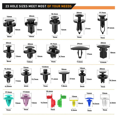 Must Have 725 Piece Car Push Retainer Clips And Auto Fasteners Kit With 23 Popular Sizes Nylon Bumper Fender Rivets Includes 10 Cable Ties And Remover For Toyota GM Ford Honda Chevy shown in various sizes and colors
