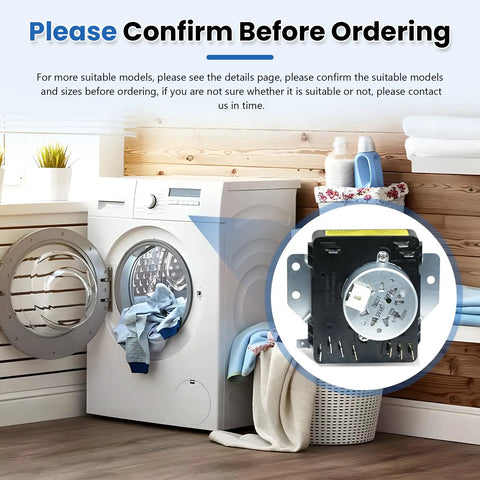 Dryer Timer Replacement W10185981 Compatible With Whirlpool Kenmore Crosley Amana WPW10185981 41809520B5 AP6016540 1481704 PS11749830 EAP11749830 Easy Install No Fuss High Quality Parts That Endure. dryer timer on laundry room background