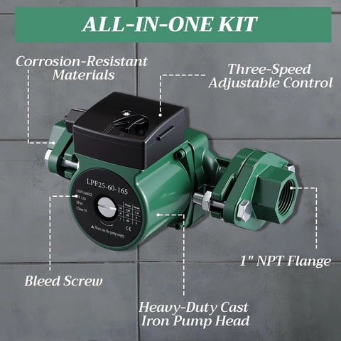 Heavy Duty Hot Water Circulation Pump Two Pack With Slick Booster Kit For House And Shop Use 110 Volt 14.6 Gpm 24 Foot Head Cast Iron Build Plus No Hassle Hardware Bundle, showing cast iron pump head and control features.