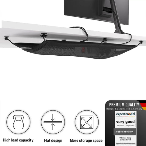 Under Desk Cable Management Net installed showing flexible wire tray under desk with premium quality label and icons for features.