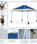 13x13 No Fuss Quick Setup Pop Up Canopy Tent Shelter With Wheeled Carry Bag Portable Commercial Gazebo For Outdoor Events Includes Sandbags Stakes And Ropes Navy That Stays Stable In Wind with features like push-up technology, quick release button, water-resistant fabric, vented top, silver coating, and tie-down loops.