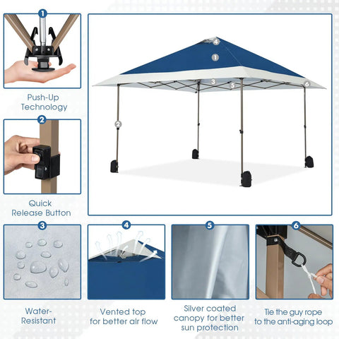 13x13 No Fuss Quick Setup Pop Up Canopy Tent Shelter With Wheeled Carry Bag Portable Commercial Gazebo For Outdoor Events Includes Sandbags Stakes And Ropes Navy That Stays Stable In Wind with features like push-up technology, quick release button, water-resistant fabric, vented top, silver coating, and tie-down loops.