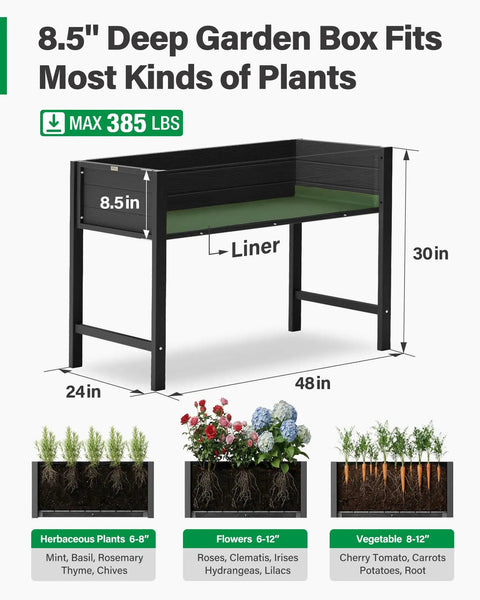Waist-High Raised Garden Bed On Legs For Easy Upright Gardening 48X24X30 Inch Elevated Planter Box with liner and 385 lb capacity.