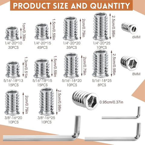 Built Tough Wood Threaded Insert Socket Bolts With Hex Wrench For No Sweat Pre Drilled Frame Assembly And Smooth Decorative Panel Hardware Quick Swap Setup size chart with various bolt sizes and quantities.