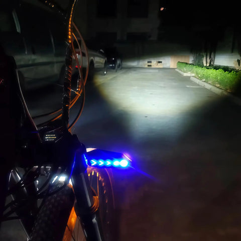 All In One Ebike Light Kit With Headlight Horn Turn Signal And Brake Light Fits 36V 48V 52V 60V 72V Ebikes And JULET 811 911 813 913 DIY Connectors Plug And Play Install Front Safety Lighting System For Daily Rides illuminating a dark path