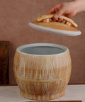 Handpainted Ceramic Rice Dispenser With Secure Airtight Lid, Heavy Duty Kiln Fired Grain Jar with open lid and wood design