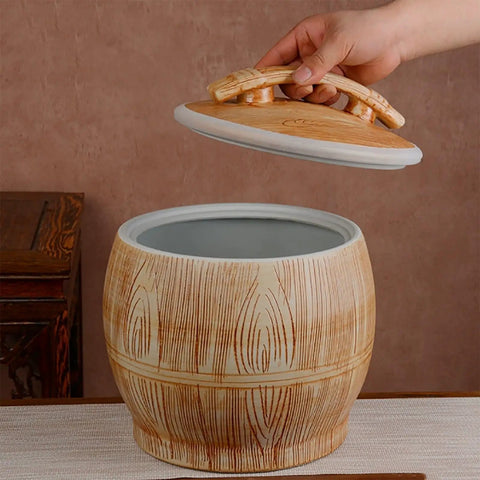 Handpainted Ceramic Rice Dispenser With Secure Airtight Lid, Heavy Duty Kiln Fired Grain Jar with open lid and wood design