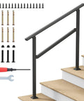 Built Solid As A Rock Wrought Iron Handrail For Outdoor Steps DIY install kit includes screws, wrench, and durable steel railing for stairs.