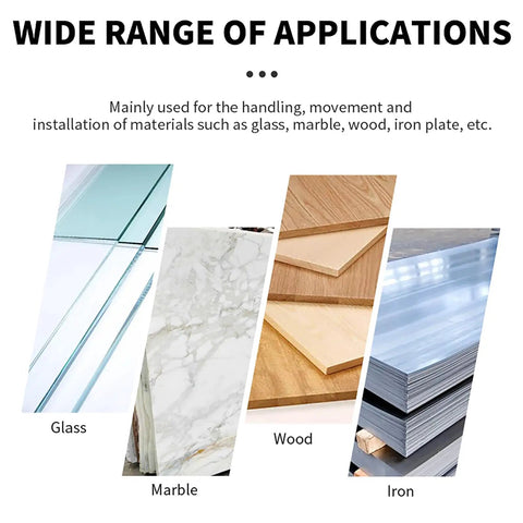Wide range of applications showing glass, marble, wood, and iron plates for Rock Solid Heavy Duty Mobile Vacuum Glass Lifter.