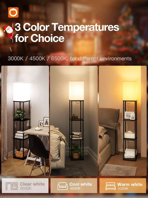 Floor Lamp With Shelves 4 Tier Storage Modern Shelf Floor Lamp With LED Bulb Three Color Temperature Display for Living Room Bedroom and Office Black Built In Display Shelves for Photos Books and Plants That Fits Your Space in three color temperatures display.