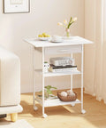 Built Tough 3 Tier Printer Stand With Fabric Drawer Rolling Storage Cart For Heat Press Scanner Fax Clean Mobile Desktop Organizer Office Setup White beside a couch with decorative items.