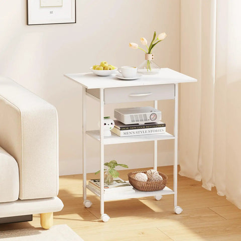 Built Tough 3 Tier Printer Stand With Fabric Drawer Rolling Storage Cart For Heat Press Scanner Fax Clean Mobile Desktop Organizer Office Setup White beside a couch with decorative items.