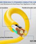 Heavy Duty 50 Foot Extension Cord With Lighted End For Indoor And Outdoor Use 10 Gauge Three Conductor Yellow Power Cable 15 Amp 125 Volt Oversized Plug And Receptacle For Safer Reliable Power Delivery, 10/3 AWG cutaway