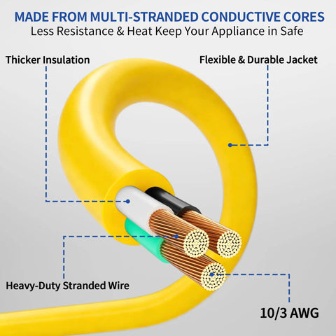 Heavy Duty 50 Foot Extension Cord With Lighted End For Indoor And Outdoor Use 10 Gauge Three Conductor Yellow Power Cable 15 Amp 125 Volt Oversized Plug And Receptacle For Safer Reliable Power Delivery, 10/3 AWG cutaway