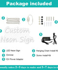 Package contents including LED sign, dimmer, power adaptor, chains, screws for Gorgeous Neon Sign For Wall Decor LED Neon Light 20 Inch.