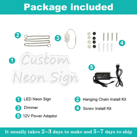 Package contents including LED sign, dimmer, power adaptor, chains, screws for Gorgeous Neon Sign For Wall Decor LED Neon Light 20 Inch.