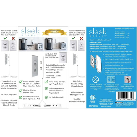 Slick Inverted Outlet Concealer Kit details with cord management features and installation instructions on packaging
