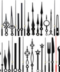 Black Clock Hands Replacement Kit With 14 Styles Aluminum Non Ticking Hands for DIY Clock Repair displayed on white background