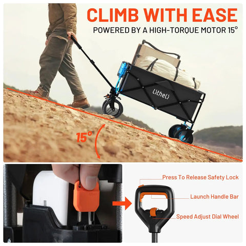 Person pulling Electric Collapsible Wagon Cart With 100L Capacity For Beach Trips Grocery Runs Camping And Shopping On Wheels