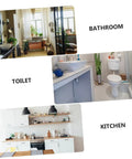 Collage of home interiors: stylish bathroom, modern toilet, and cozy kitchen with white cabinets and subway tiles.