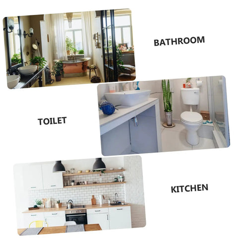 Collage of home interiors: stylish bathroom, modern toilet, and cozy kitchen with white cabinets and subway tiles.