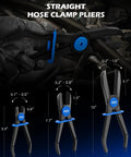Long Reach Hose Pinch Off Pliers Set 3 Piece Pro Grade All In One Clamp Pliers dimensions and usage illustration with blue grips