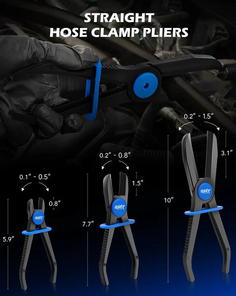 Long Reach Hose Pinch Off Pliers Set 3 Piece Pro Grade All In One Clamp Pliers dimensions and usage illustration with blue grips