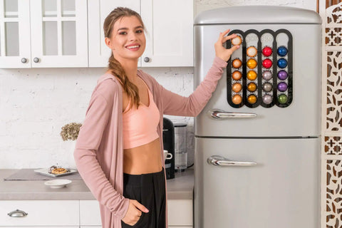 Magnetic Coffee Pod Holder for Nespresso Vertuo Capsules Mounts on Fridge Door or Side Sleek Space Saver Organizer Keeps Pods Handy Neat and Clutter Free