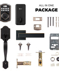 Complete set of Keyless Door Lock With Handle In Oil Rubbed Bronze 6 Codes For Quick Access, with components and screws.