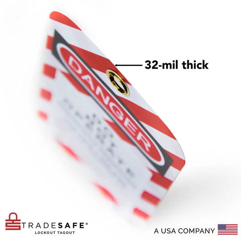 Heavy Duty Lockout Tagout Tags With Nylon Zip Ties Osha Compliant Danger Do Not Operate Signs, 32-mil thick, close-up view.