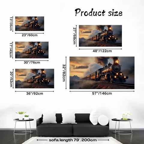 Product sizes for Steam Train Canvas Wall Art With Gray Smoke, Vintage Locomotive Picture, Retro Railroad Poster for Living Room