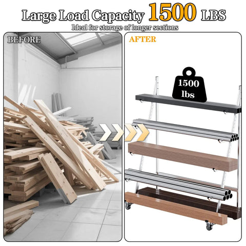 Before and after image showing Badass Horizontal Storage Rack Built Tough From Weather Resistant Alloy Steel Rolling Smooth On Three Inch Casters With Two Fixed And Two Swiveling Wheels For Quick Garage Hauls.