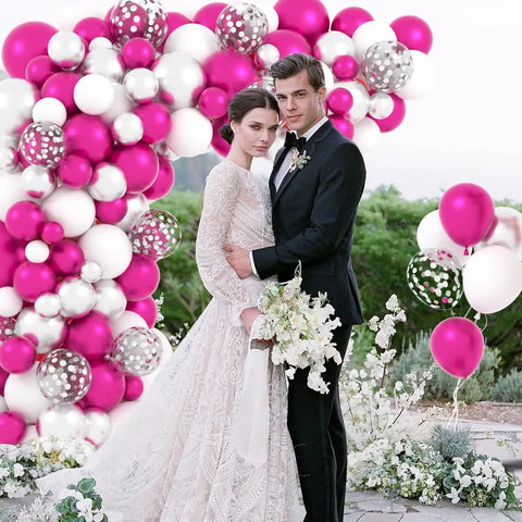 Couple by Hot Pink And Silver Balloon Garland Arch Kit With Confetti Balloons for Weddings, featuring fuchsia pink and white balloons