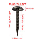 100 Count Mini Upholstery Nails Black Round Head Furniture Tacks Top Shelf Thumb Pushpins showing dimensions of 20mm length and 8mm head.