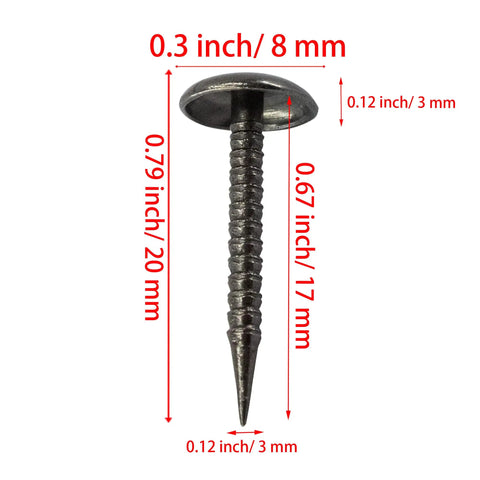 100 Count Mini Upholstery Nails Black Round Head Furniture Tacks Top Shelf Thumb Pushpins showing dimensions of 20mm length and 8mm head.
