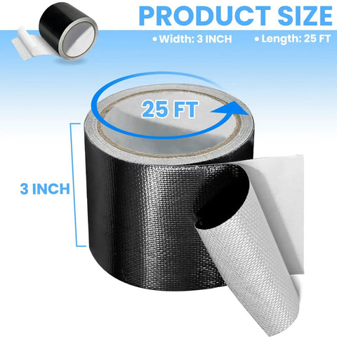 Heavy Duty Waterproof Repair Tape For Fabric Tents Awnings RV Roofs Tarps Boat Covers And Outdoor Gear UV Proof Tear Resistant Multipurpose Black Patch, 3 in x 25 ft roll shown.