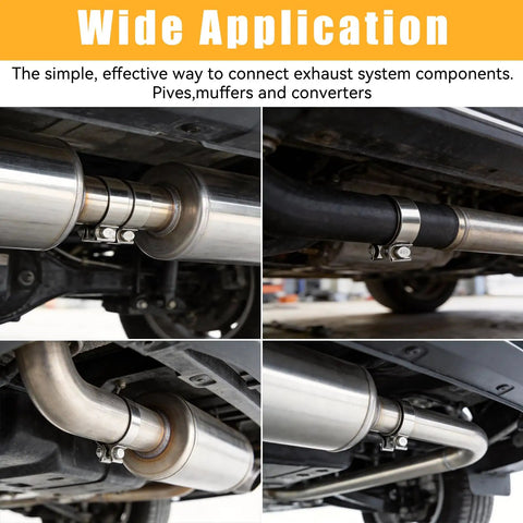 2.5 Inch Exhaust Clamp Universal Stainless Steel Narrow Band 2-pack connecting mufflers and pipes under vehicle