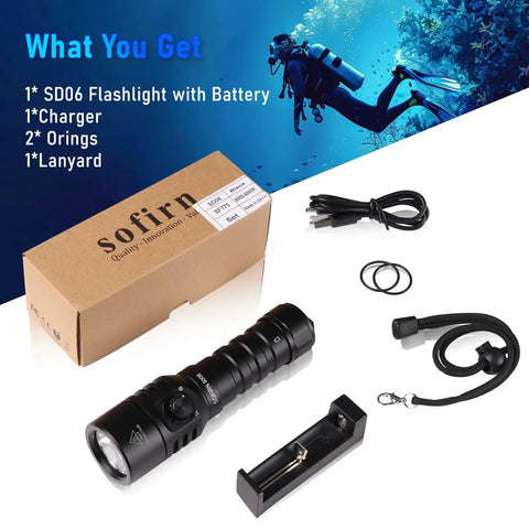 Scuba Diving Flashlight 3200 Lumen Long Throw Underwater Light 472 Meters Focus Beam Waterproof to 100 Meters with accessories