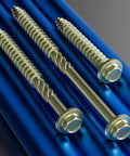 Yellow Hex Exterior Lag Screws Number 12 By 4 Inch, 26 Piece Bag on blue surface showcasing rust resistant washer head profile.