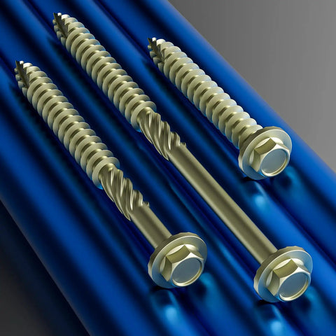 Yellow Hex Exterior Lag Screws Number 12 By 4 Inch, 26 Piece Bag on blue surface showcasing rust resistant washer head profile.