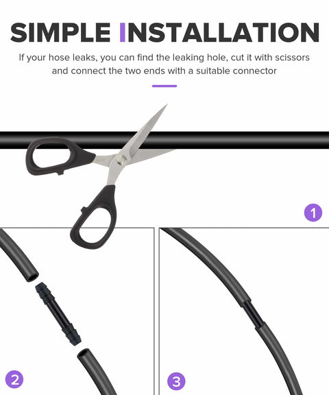 Simple installation guide for Six Piece 5 Foot Silicone Vacuum Hose Kit With 64 Connectors showing cutting and joining process.