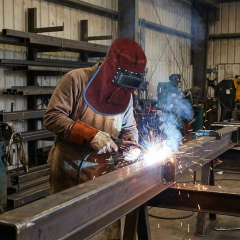 Welder using Welding Helmet Mask With Flip Open Lens Leather Welding Hood And Protective Gear For Face Neck And Head
