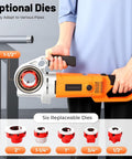 Pro Grade Electric Pipe Threader Kit Featuring Six Tough As Nails Dies And Portable Toolbox for threading pipes, showing adjustable dies.