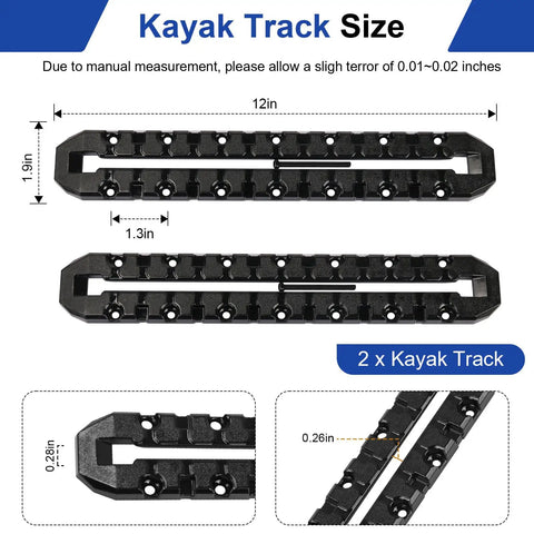 12 Inch All In One Kayak Gear Track Mount Rail System For Fishing Rod Holders Cup Holders Paddle Holders And Anchor Cleats With 14 Holes 2 Pack Accessory Track Mount For Most Kayak Tracks, black ABS, 2-pack