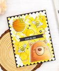 Card with scallop honeycomb cover, featuring bees and a bear, made with Two Sets Dotted Square Frame Dies For Card Making, Scallop Honeycomb Cover.