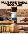 All In One Water Based Walnut Wood Stain And Sealer With Attached Brush showing features like scratch-resistance and easy cleaning.