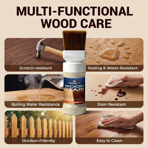 All In One Water Based Walnut Wood Stain And Sealer With Attached Brush showing features like scratch-resistance and easy cleaning.
