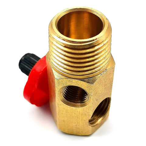 Heavy Duty Brass Air Tank Manifold Replacement Kit With 130 Psi Pop Off Safety Valve and Relief Bypass 1/2 Inch Npt close-up view.