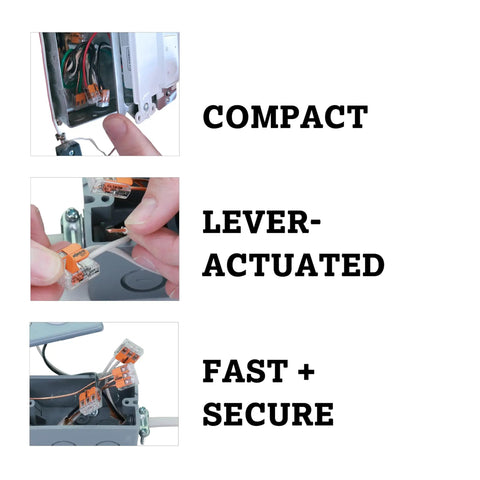 Top Shelf Hella Dependable 3 Conductor Wire Connectors For Solid Stranded Flexible Copper Cables in use, showcasing compact transparent housing.