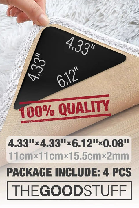 Stay Put Rug Corner Grippers No Slip Anti Slip Rug Holders For Hardwood showing size dimensions and package contents